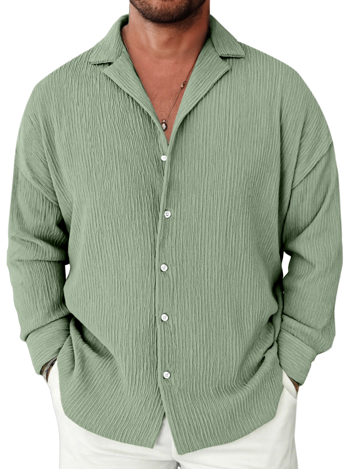 Men's Casual Solid Color Textured Loose Lapel Long-sleeved Shirt