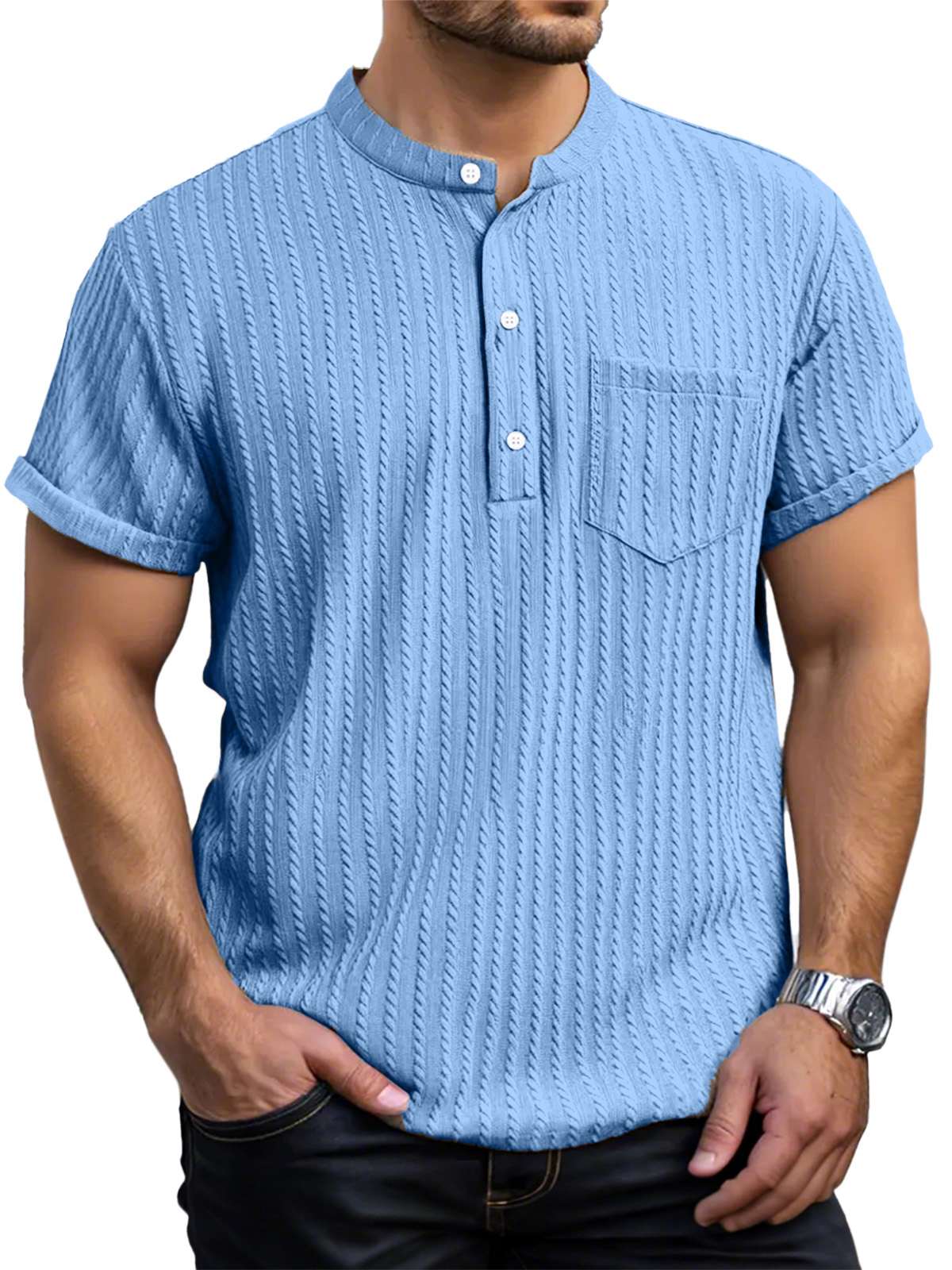 Men's Everyday Casual Short Sleeve Textured Button Henley Shirt