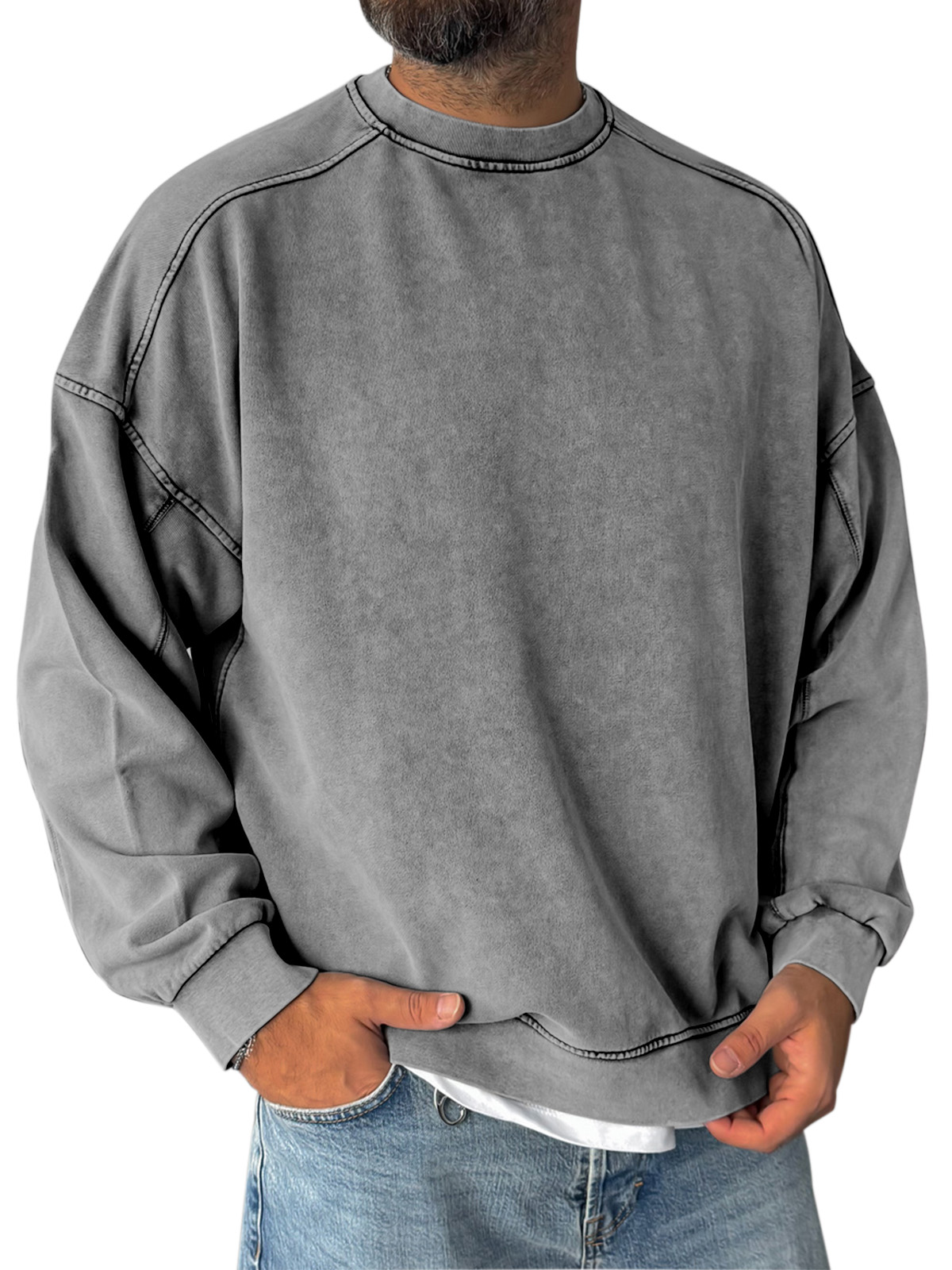 Retro Simple Shoulder Design Stitching Casual Round Neck Sweatshirt