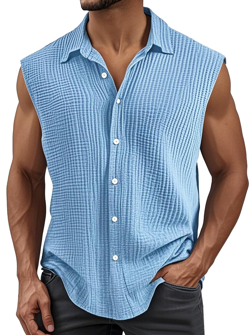 Men's Simple Solid Color Pleated Lapel Sleeveless Shirt