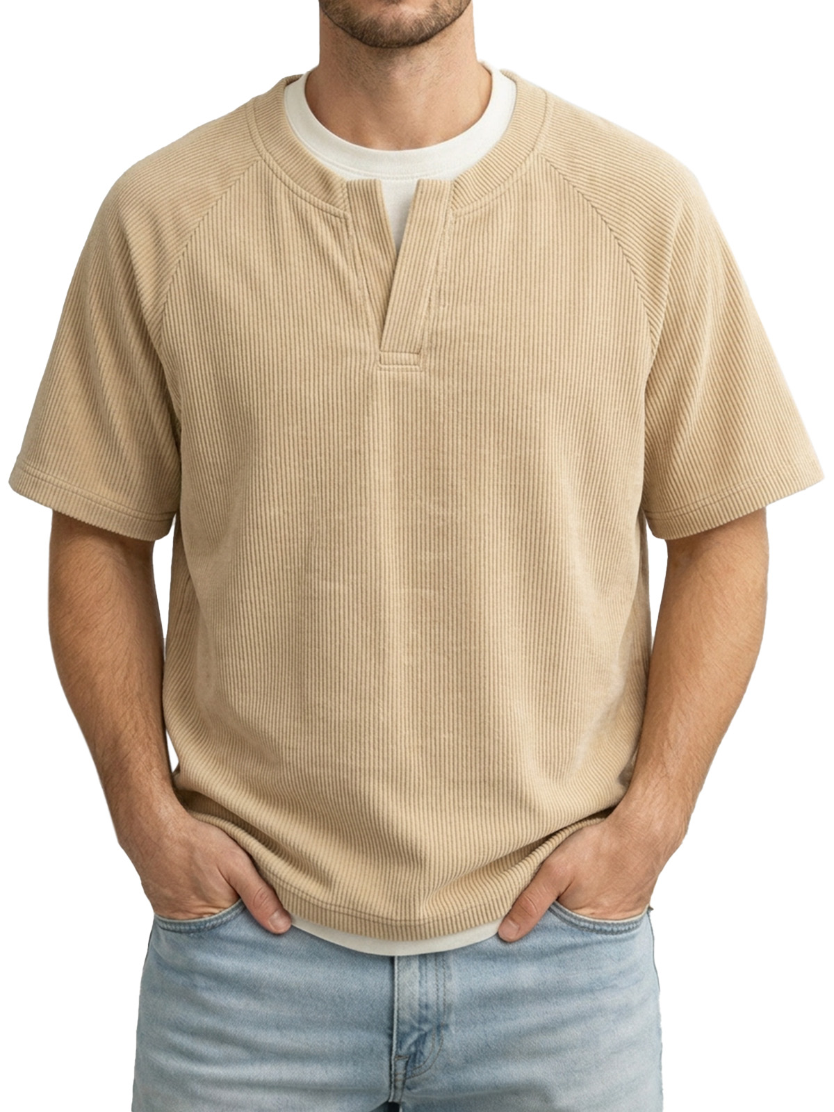 Men's Solid Color Fake Two-piece Vertical Pit V-neck Short-sleeved T-shirt