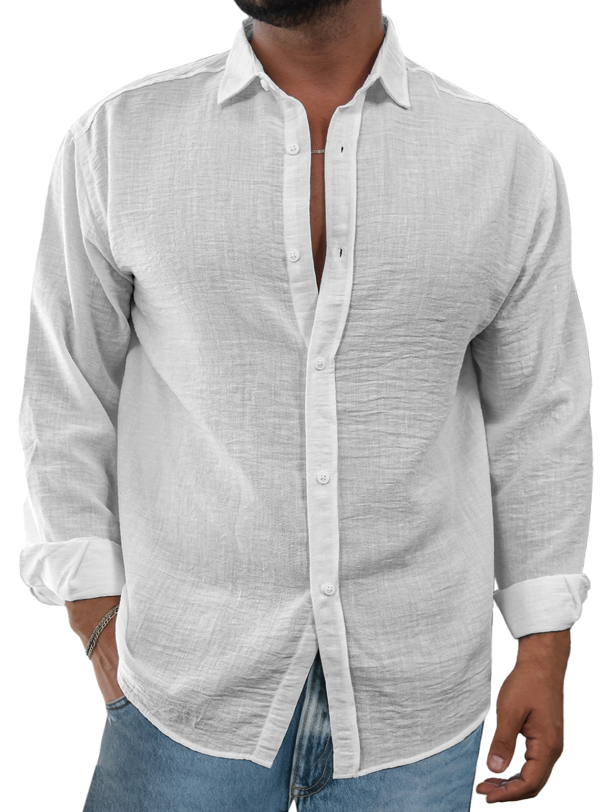Men's Simple And Comfortable Solid Color Imitation Linen Lapel Long-sleeved Shirt