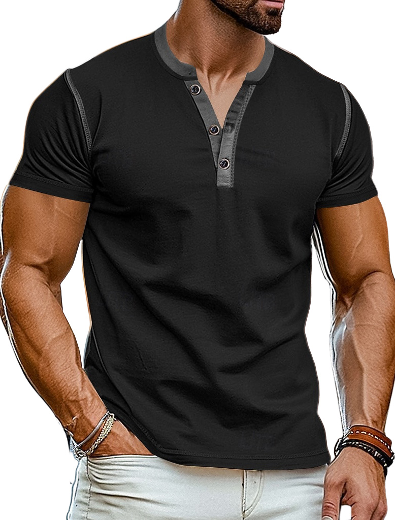 Men's Everyday Simple And Comfortable Cotton Contrast Button Short-sleeved Henley Shirt