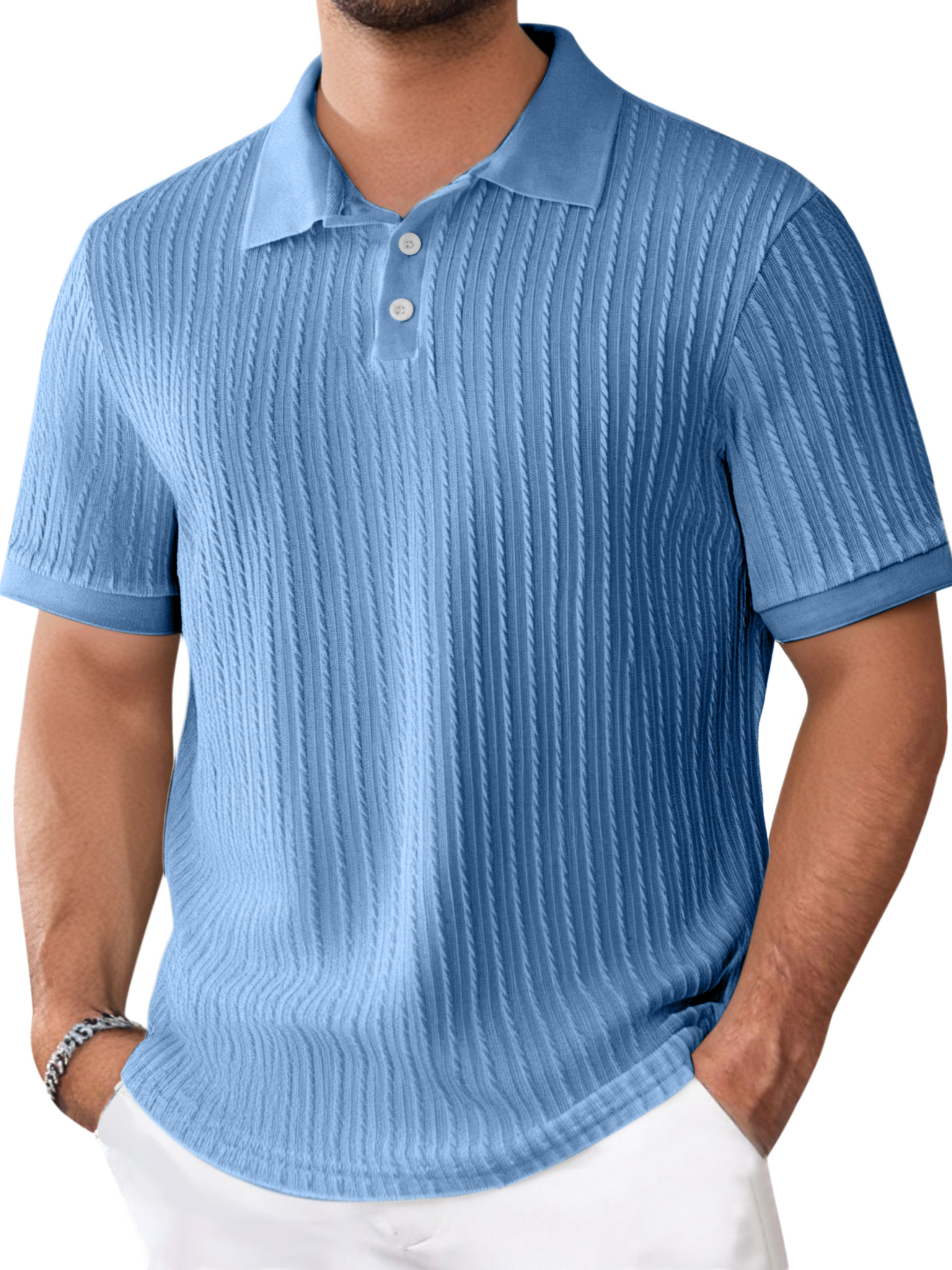 Men's Daily Solid Color Texture Short-sleeved Button-down Polo Shirt