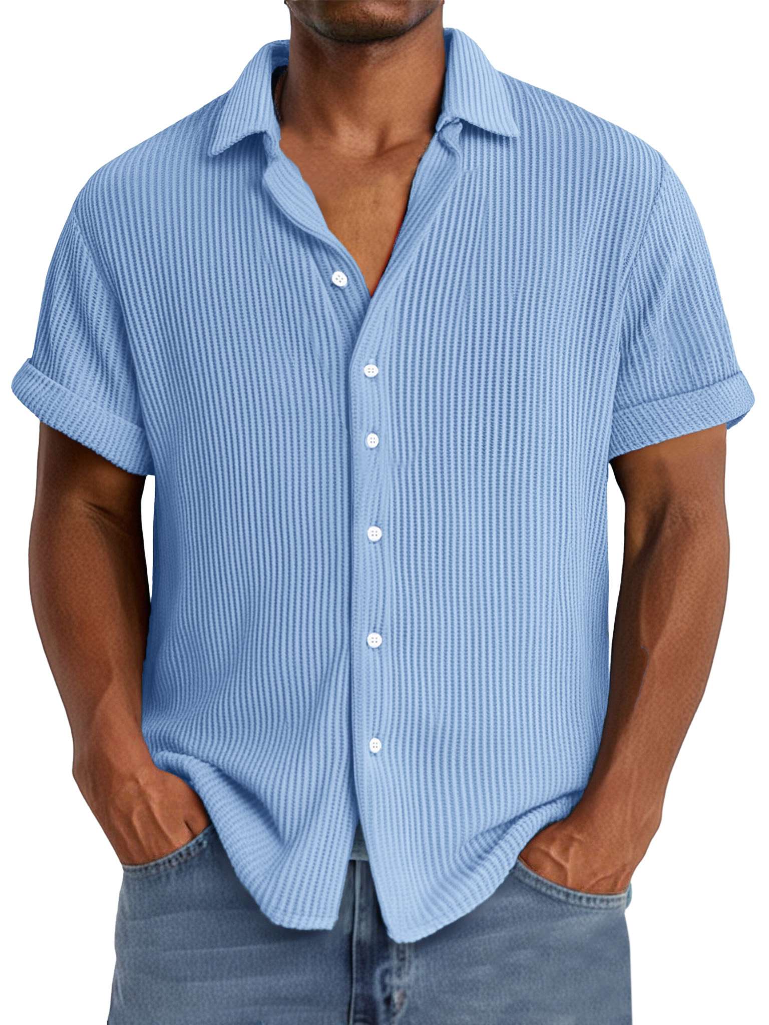 Men's summer casual simple waffle texture short-sleeved shirt