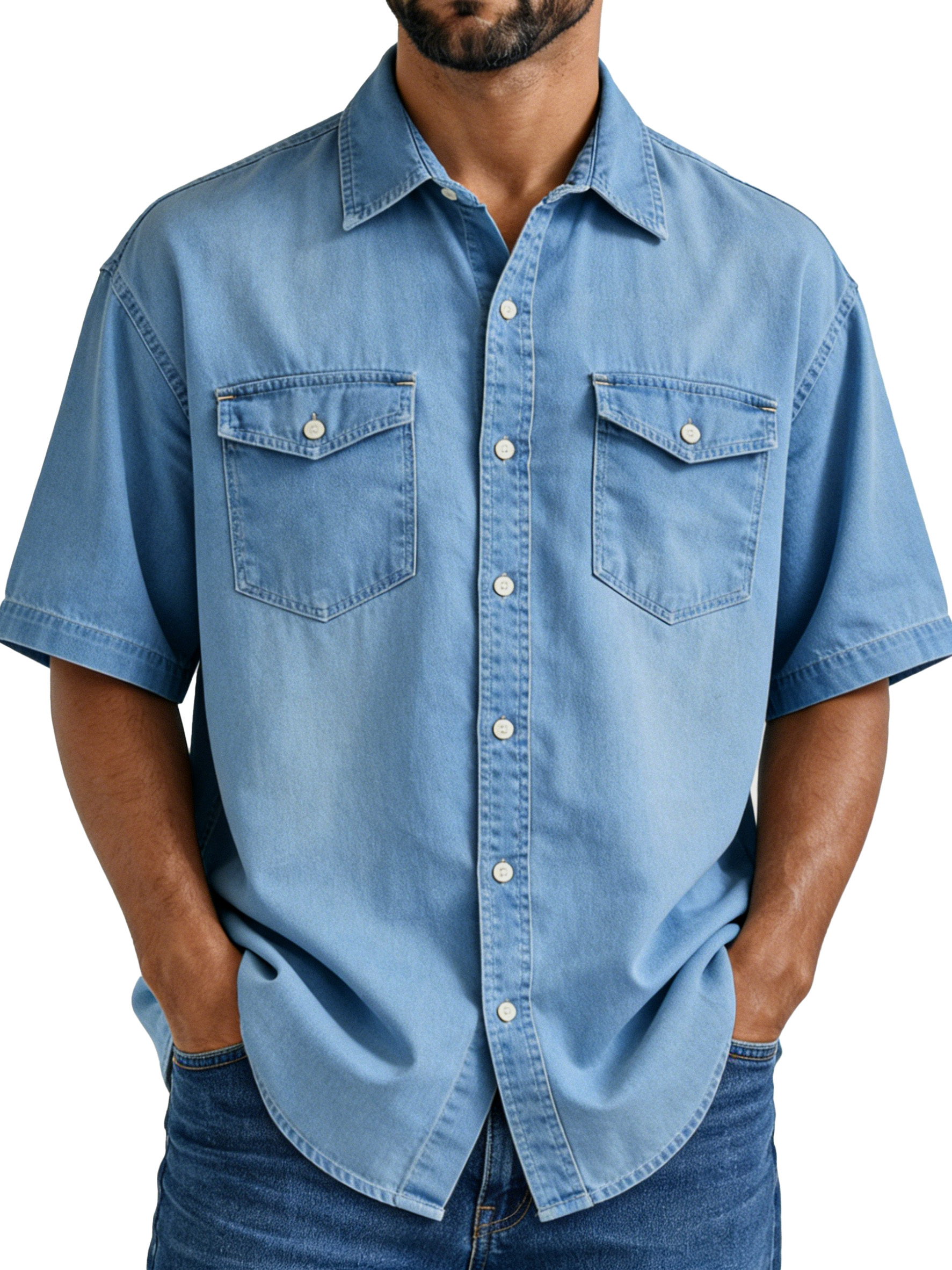 Men's Simple Vintage Double-pocket Lapel Button-down Short-sleeved Shirt