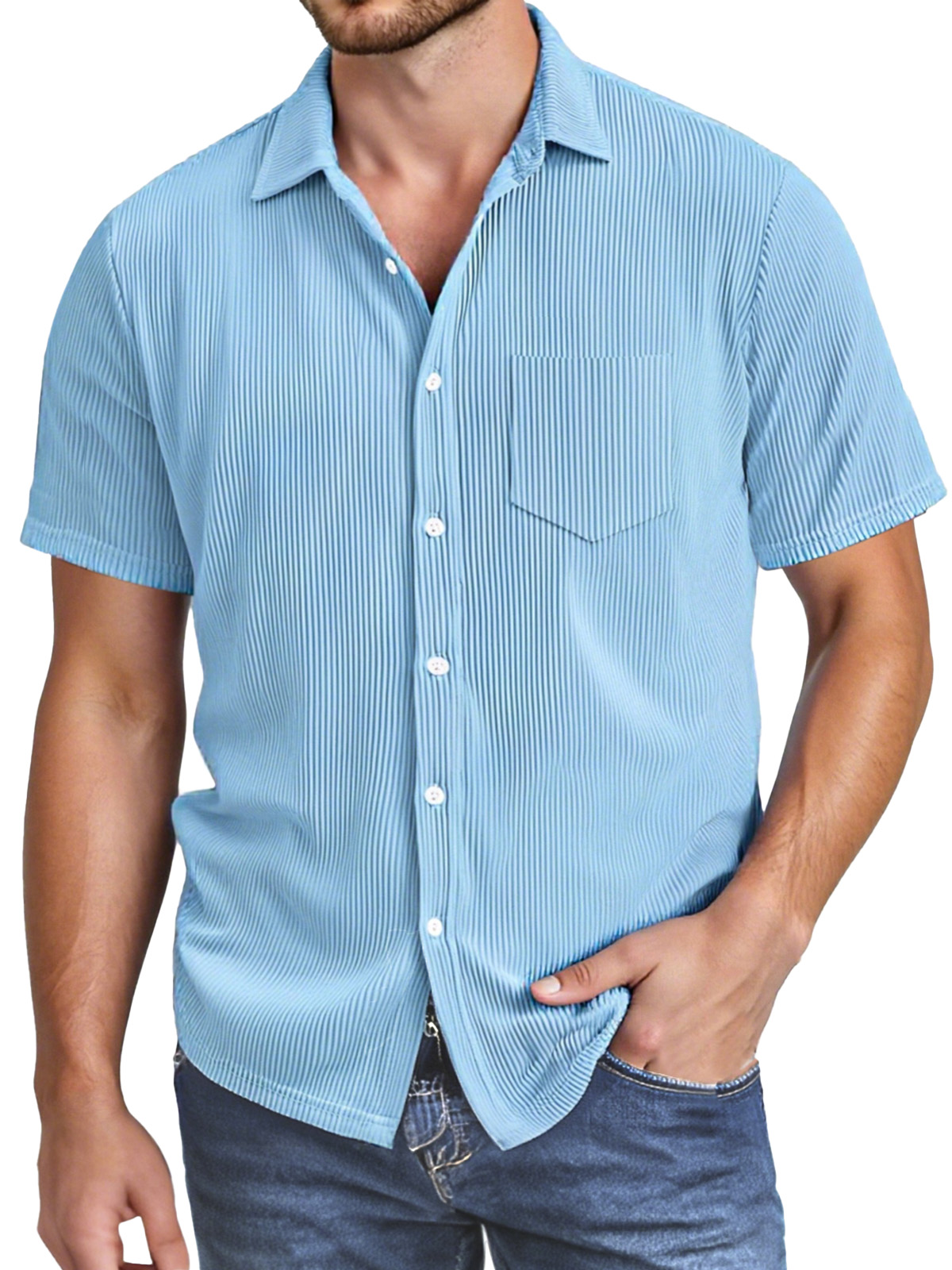 Men's Simple Solid Color Vertical Pit Texture Button Lapel Short-sleeved Shirt