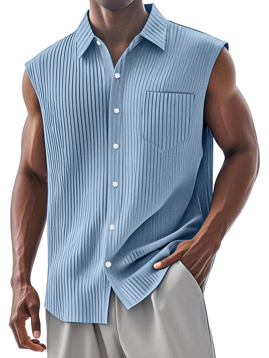Men's Simple Daily Pit Strip Chest Pocket Lapel Sleeveless Shirt