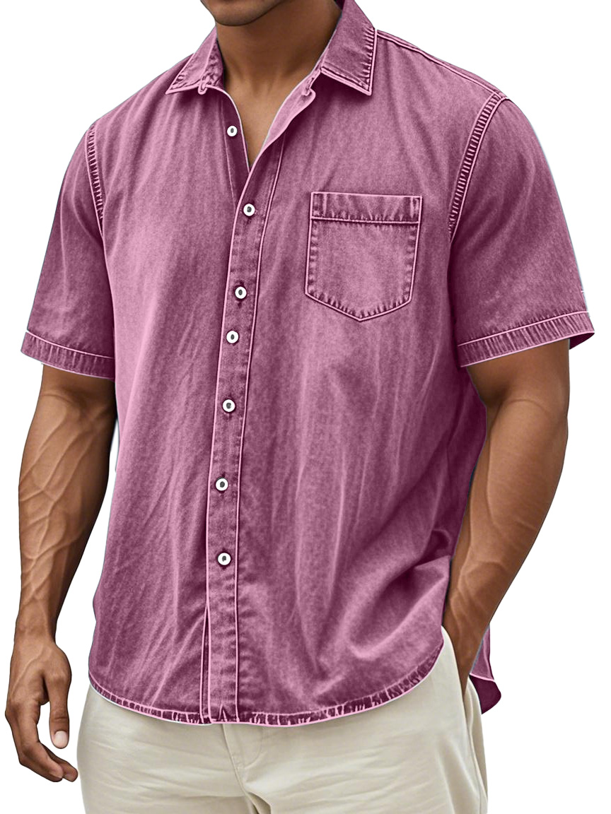 Men's Retro Solid Color Simple Everyday Short Sleeve Button Lapel Shirt