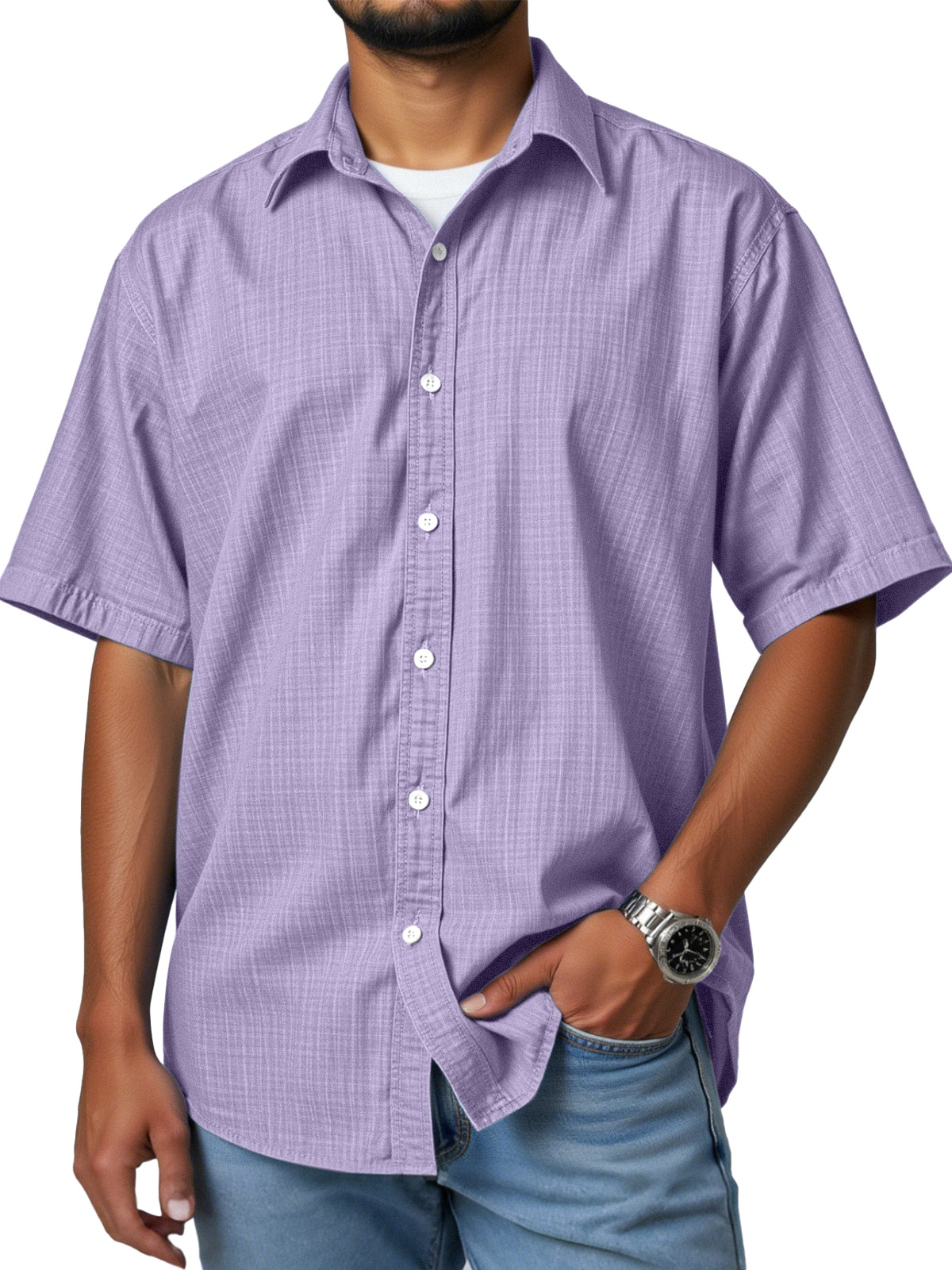Men's casual and versatile imitation linen short-sleeved lapel shirt