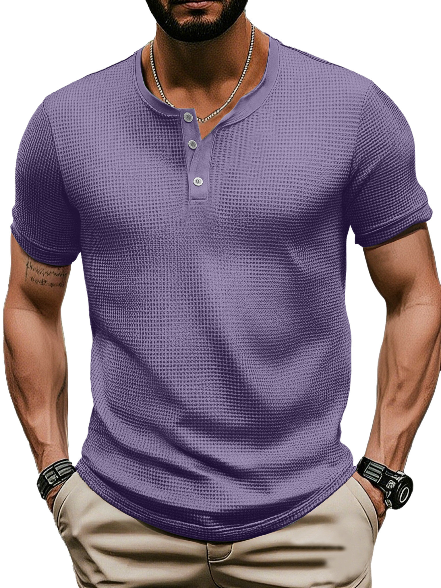 Men's Casual Solid Color Waffle Short Sleeve Three Button Henley Shirt