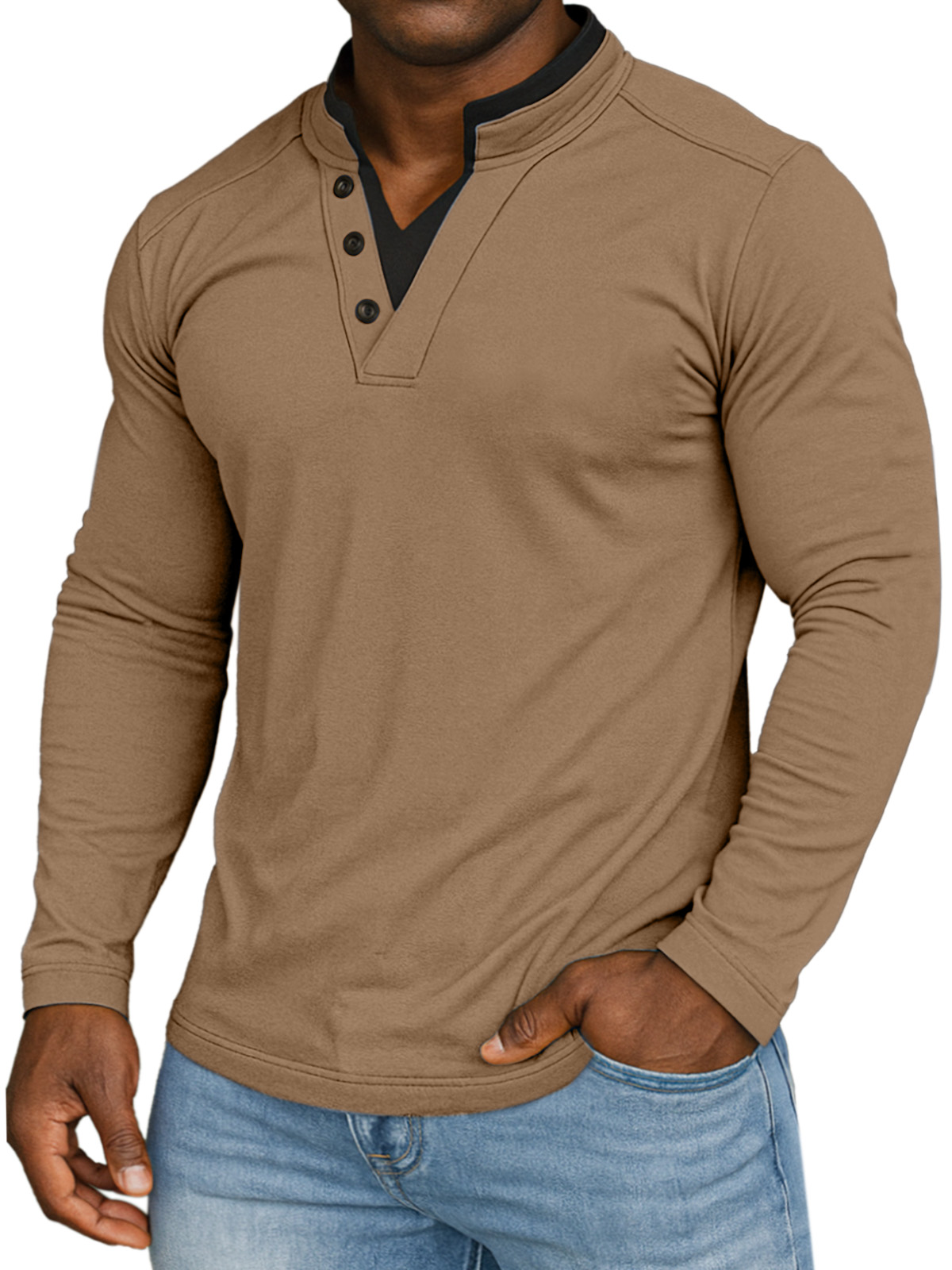 Men's Casual Solid Color Fake Two-piece Collar Comfortable Stand Collar Long Sleeve T-shirt