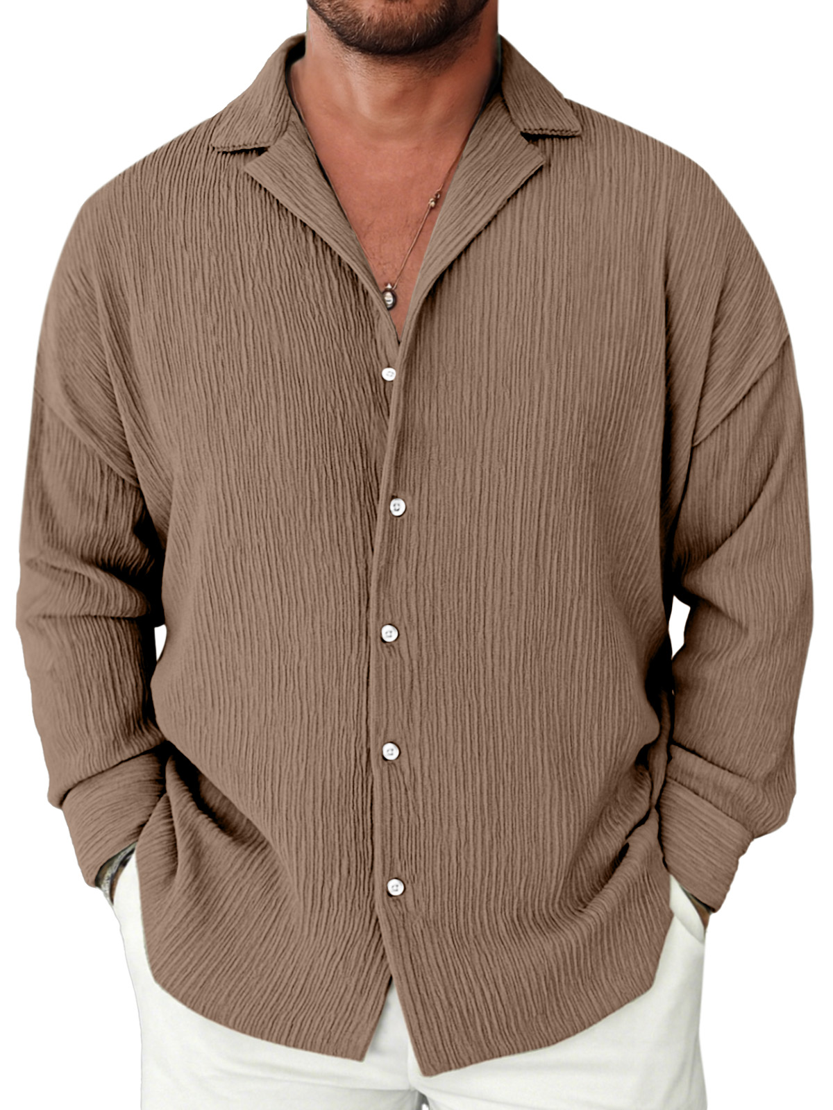 Men's Casual Solid Color Textured Loose Lapel Long-sleeved Shirt
