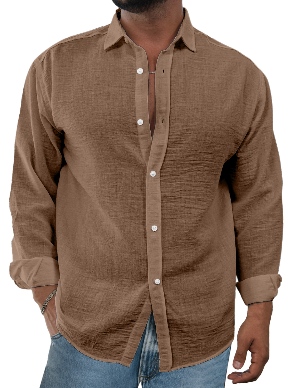 Men's Simple And Comfortable Solid Color Imitation Linen Lapel Long-sleeved Shirt