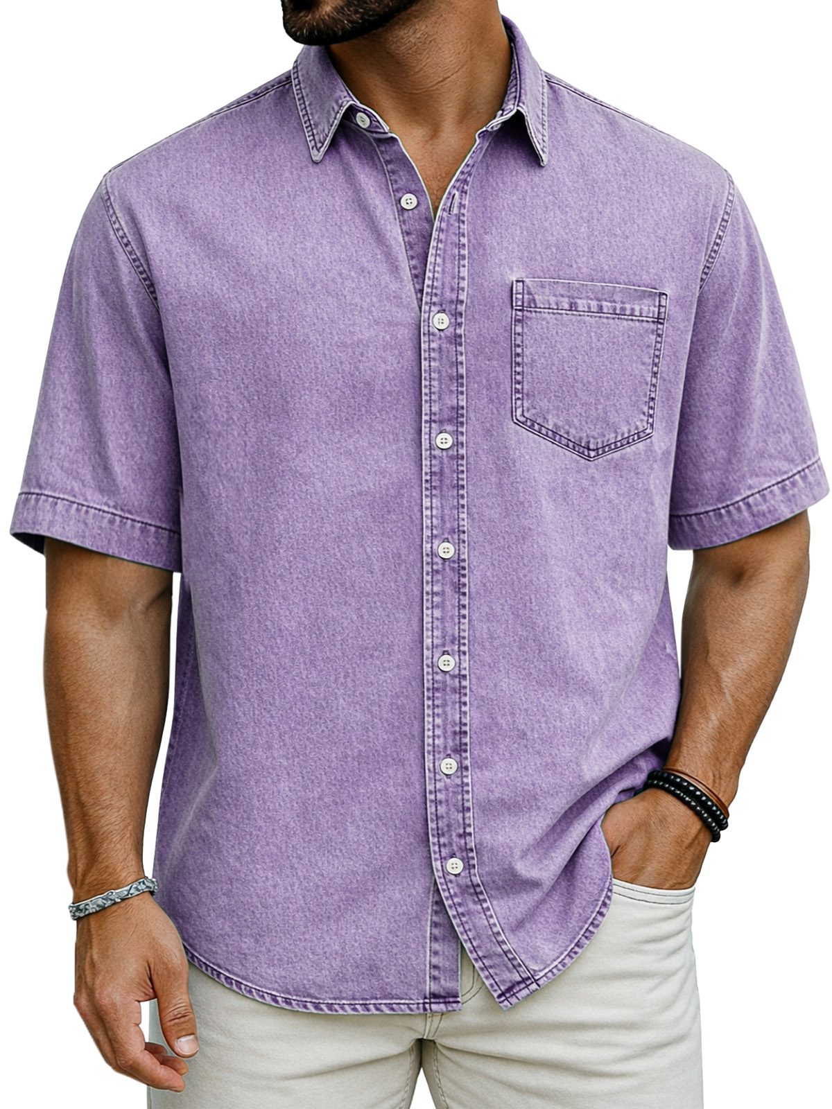 Retro Simple Solid Color Short-Sleeve Shirt with Chest Pocket