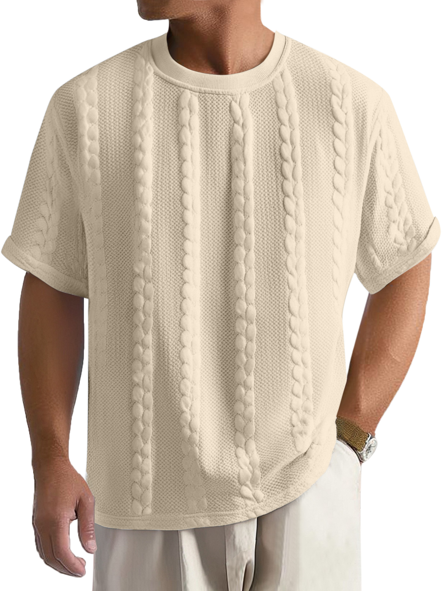 Men's Casual Solid Color Texture Loose Round Neck Short-sleeved T-shirt
