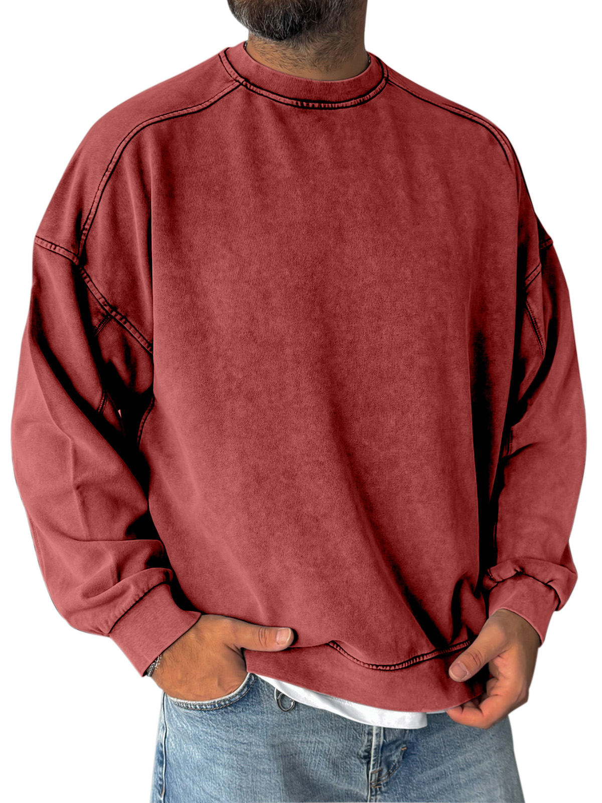 Retro Simple Shoulder Design Stitching Casual Round Neck Sweatshirt