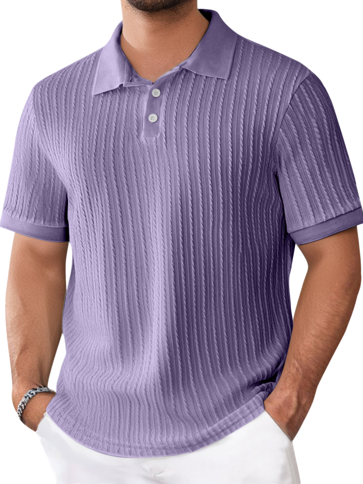 Men's Daily Solid Color Texture Short-sleeved Button-down Polo Shirt