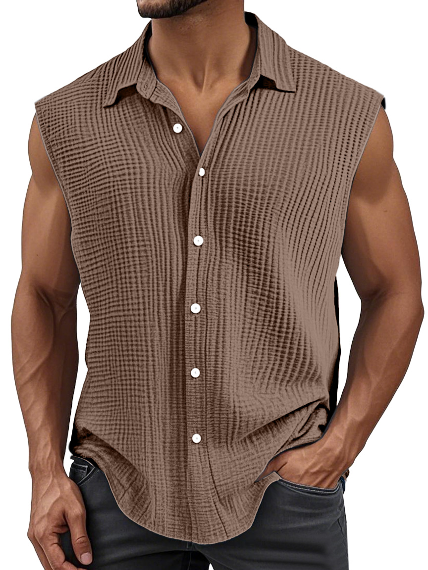 Men's Simple Solid Color Pleated Lapel Sleeveless Shirt