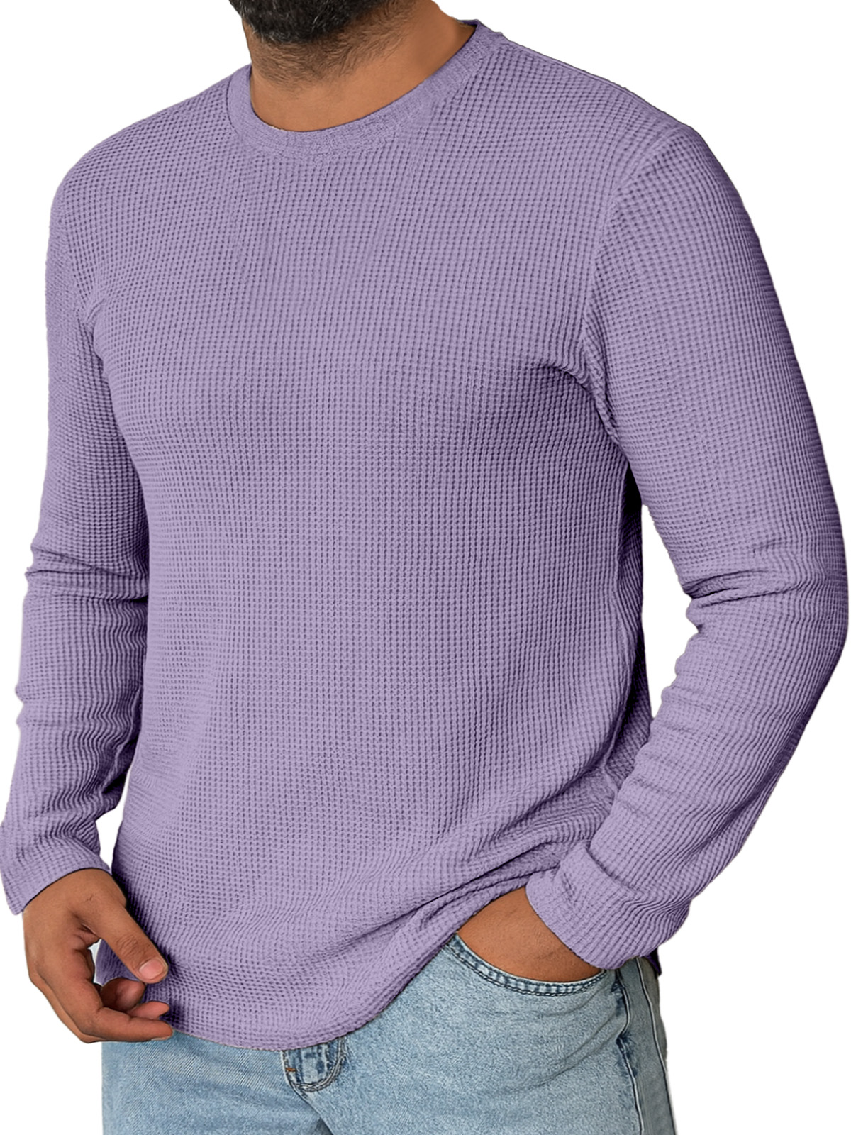 Men's Daily Simple Solid Color Waffle Round Neck Long-sleeved T-shirt