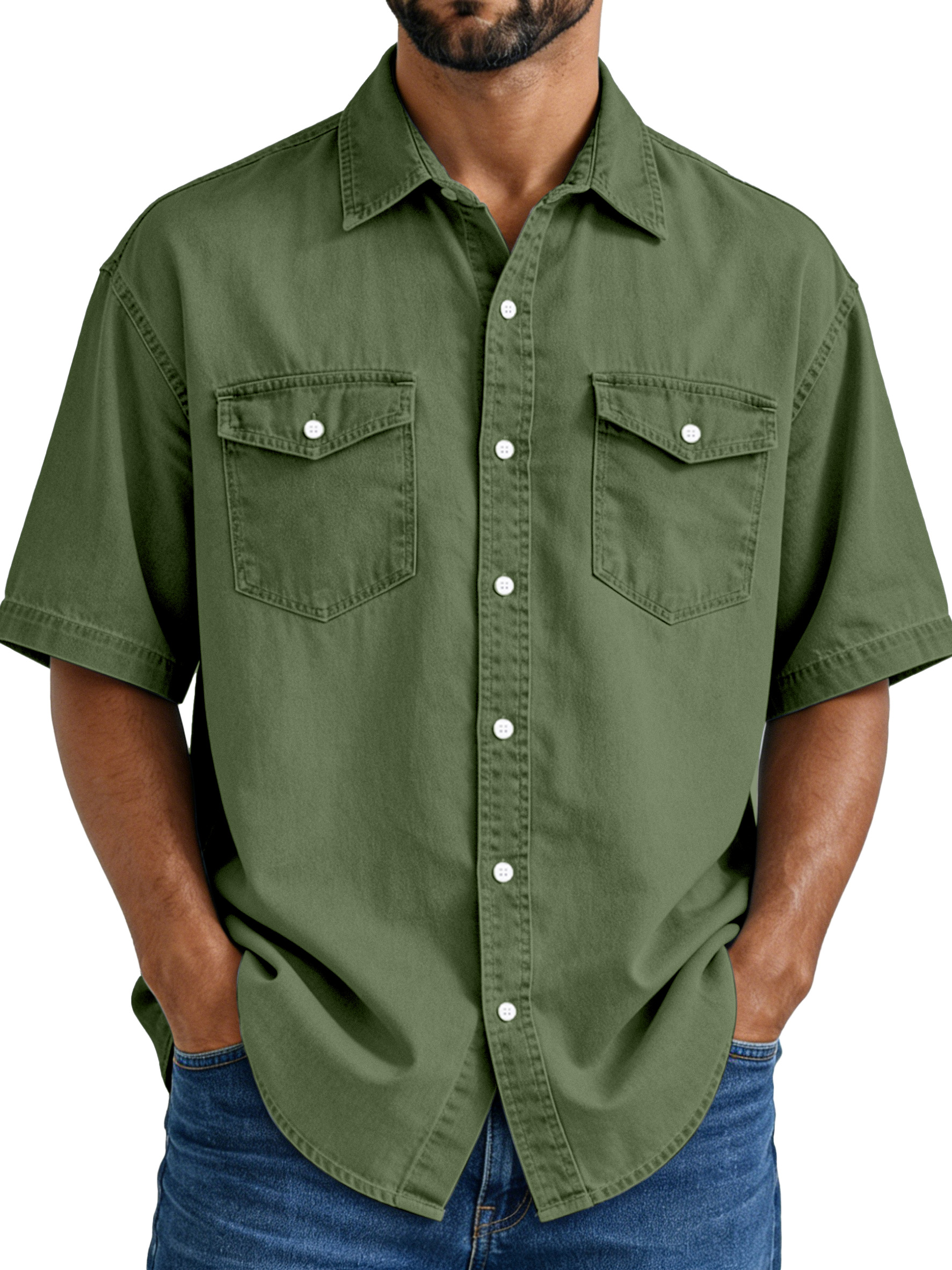 Men's Simple Vintage Double-pocket Lapel Button-down Short-sleeved Shirt
