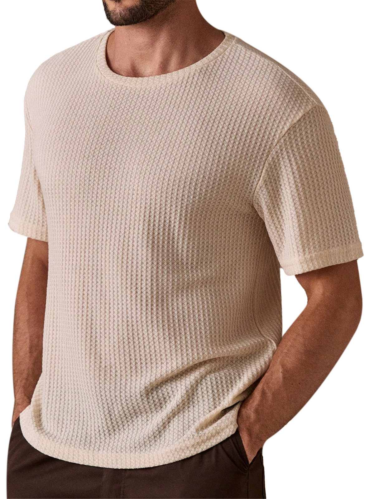 Men's Simple And Comfortable Solid Color Waffle Texture Round Neck Short-sleeved T-shirt
