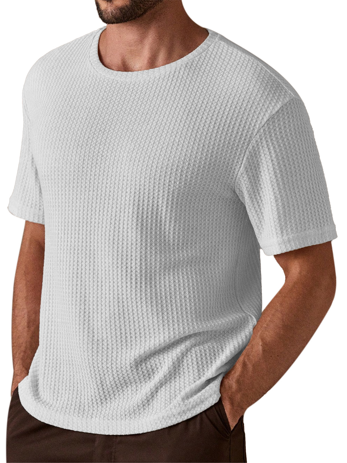 Men's Simple And Comfortable Solid Color Waffle Texture Round Neck Short-sleeved T-shirt