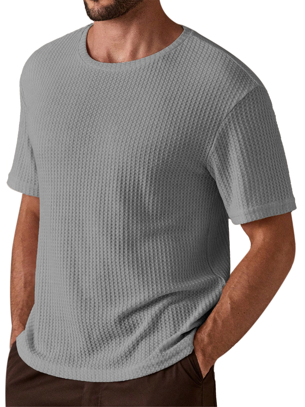 Men's Simple And Comfortable Solid Color Waffle Texture Round Neck Short-sleeved T-shirt