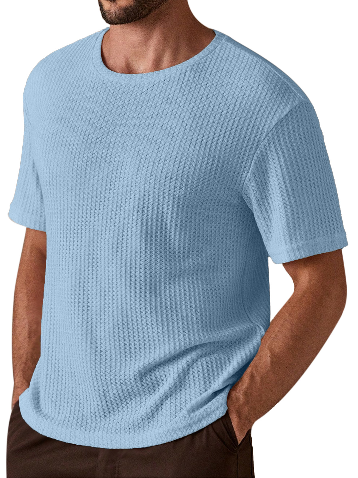 Men's Simple And Comfortable Solid Color Waffle Texture Round Neck Short-sleeved T-shirt