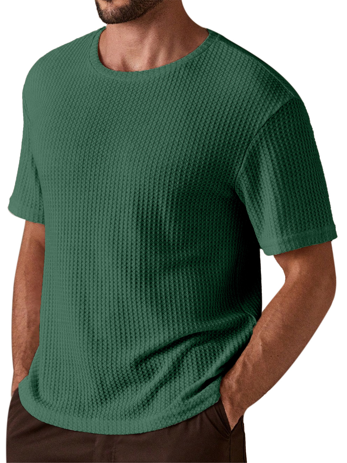 Men's Simple And Comfortable Solid Color Waffle Texture Round Neck Short-sleeved T-shirt