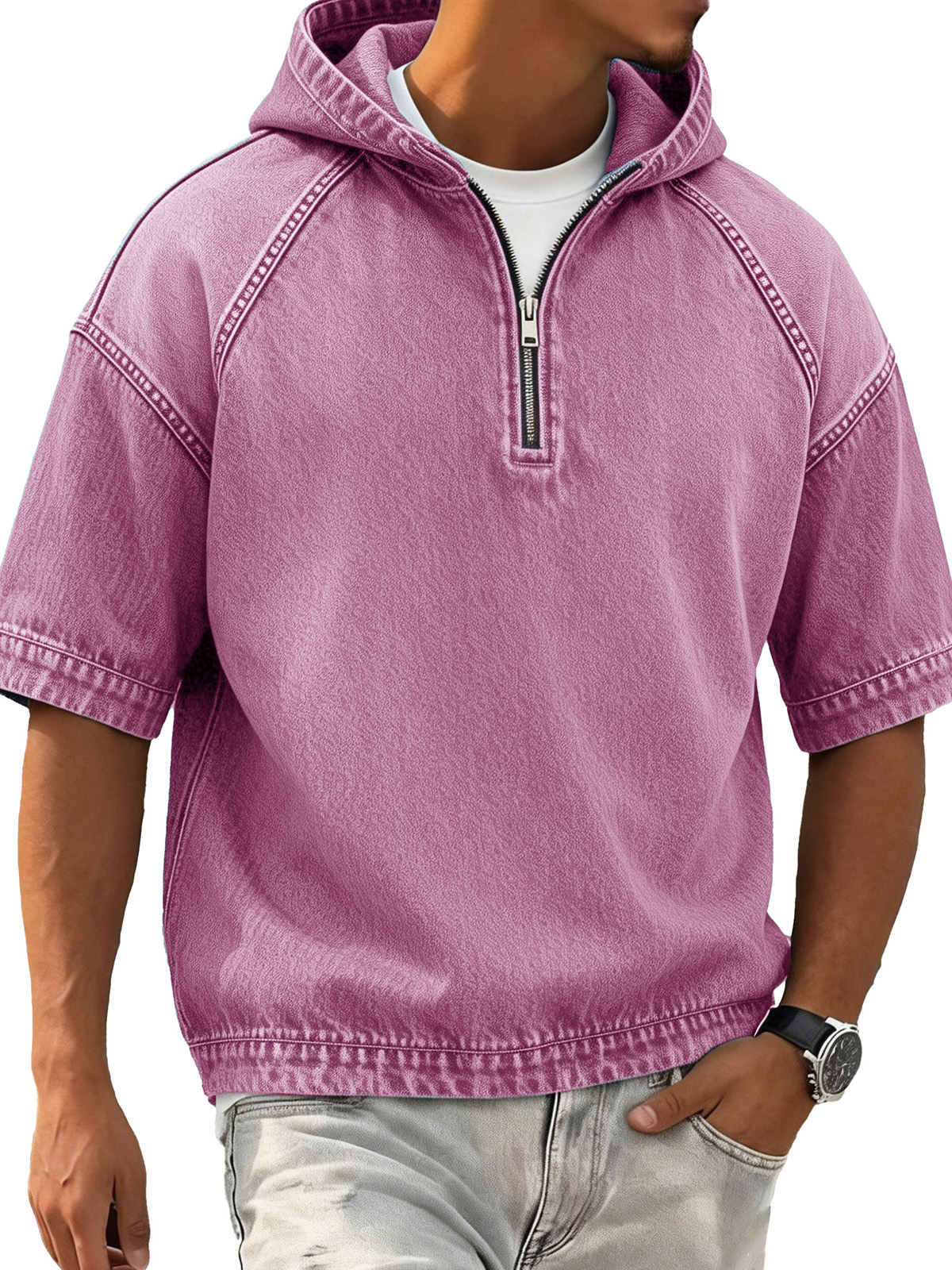 Men's Retro Distressed Raglan Short-Sleeve Sporty Hoodie