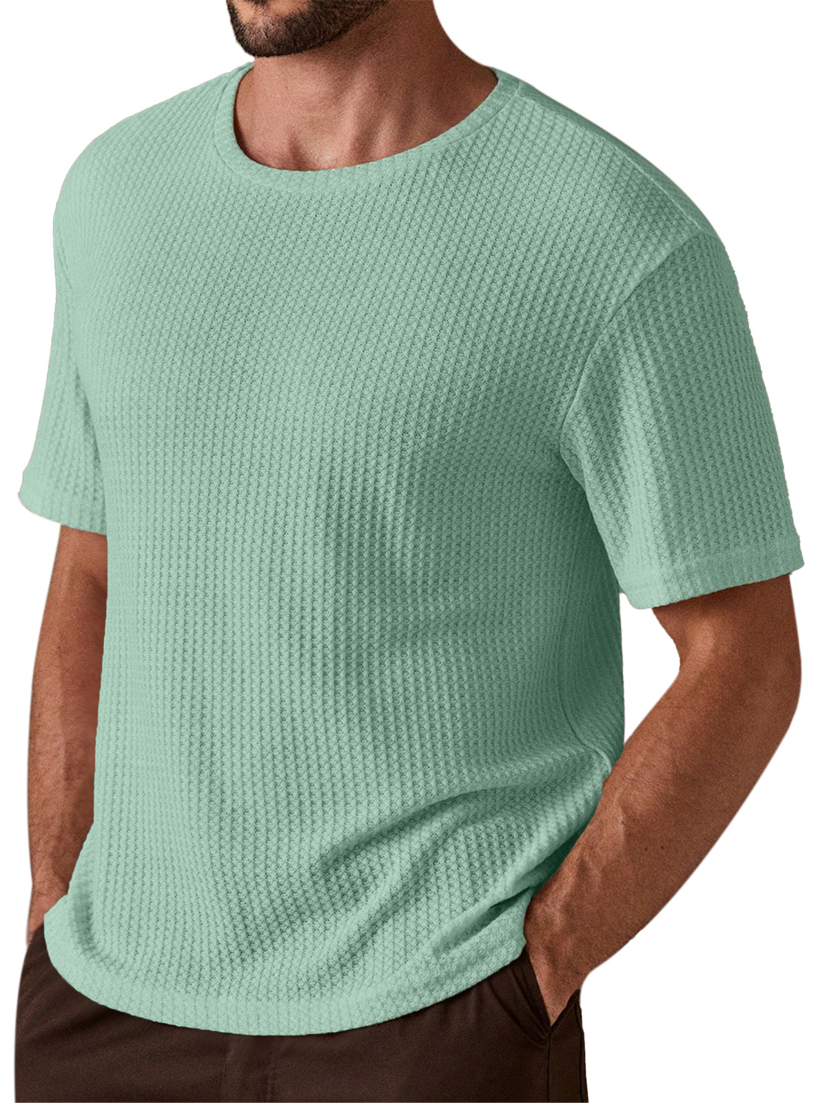 Men's Simple And Comfortable Solid Color Waffle Texture Round Neck Short-sleeved T-shirt
