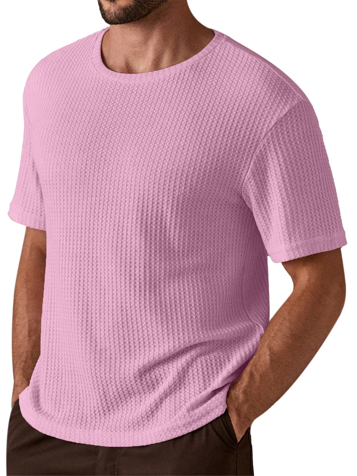 Men's Simple And Comfortable Solid Color Waffle Texture Round Neck Short-sleeved T-shirt