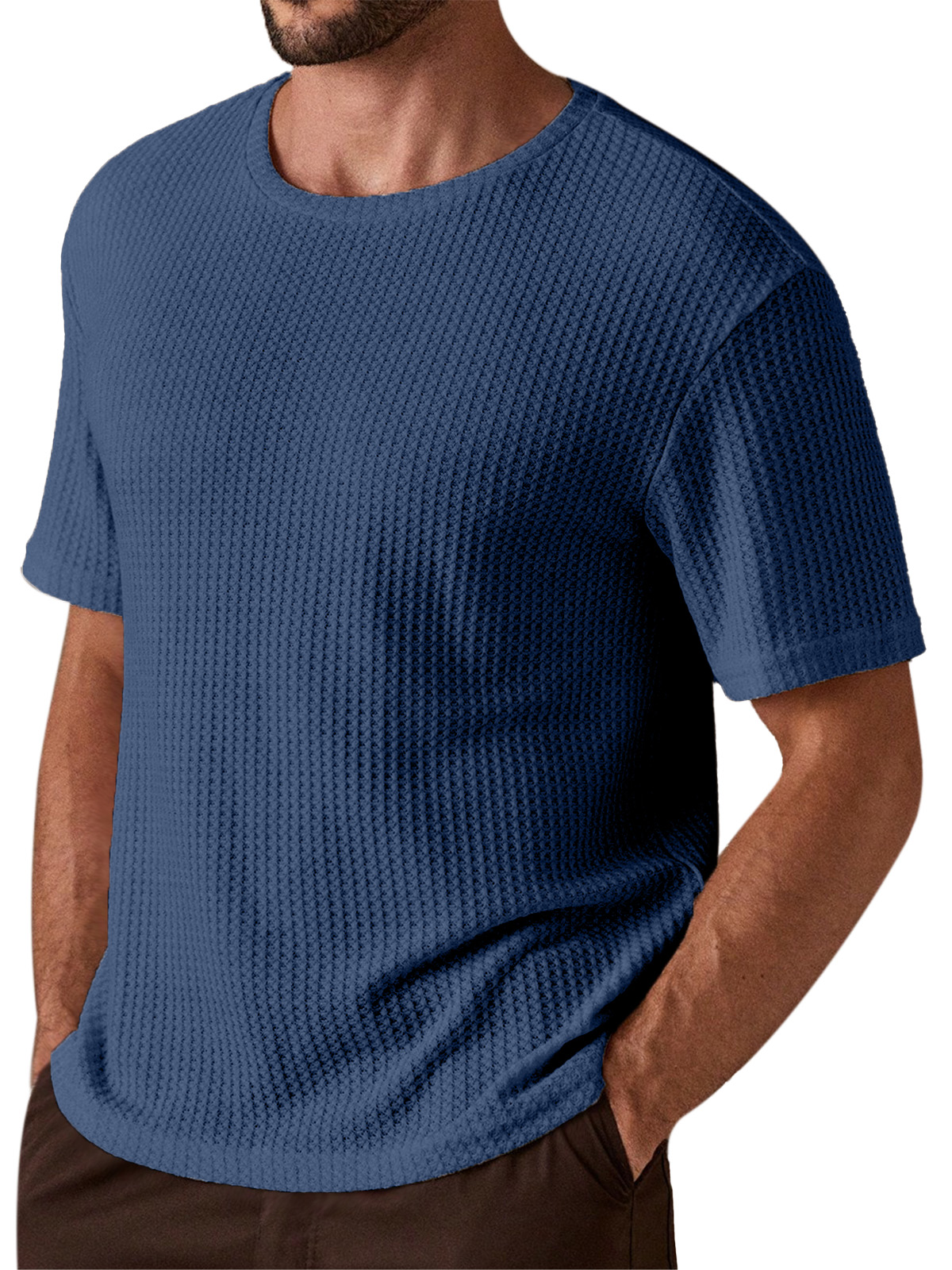 Men's Simple And Comfortable Solid Color Waffle Texture Round Neck Short-sleeved T-shirt