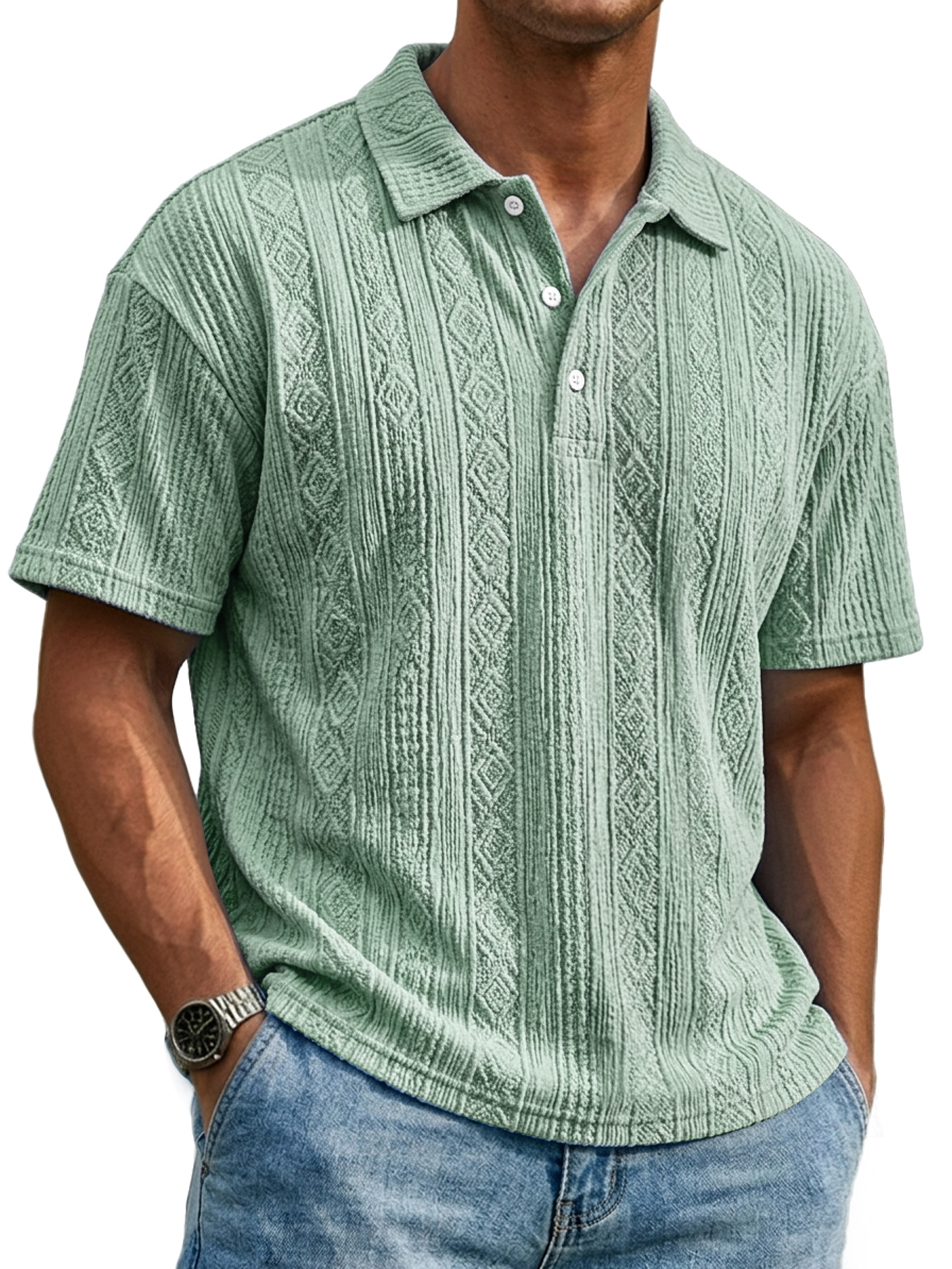 Men's Everyday Textured Collar Button-down Casual Short-sleeved Polo Shirt