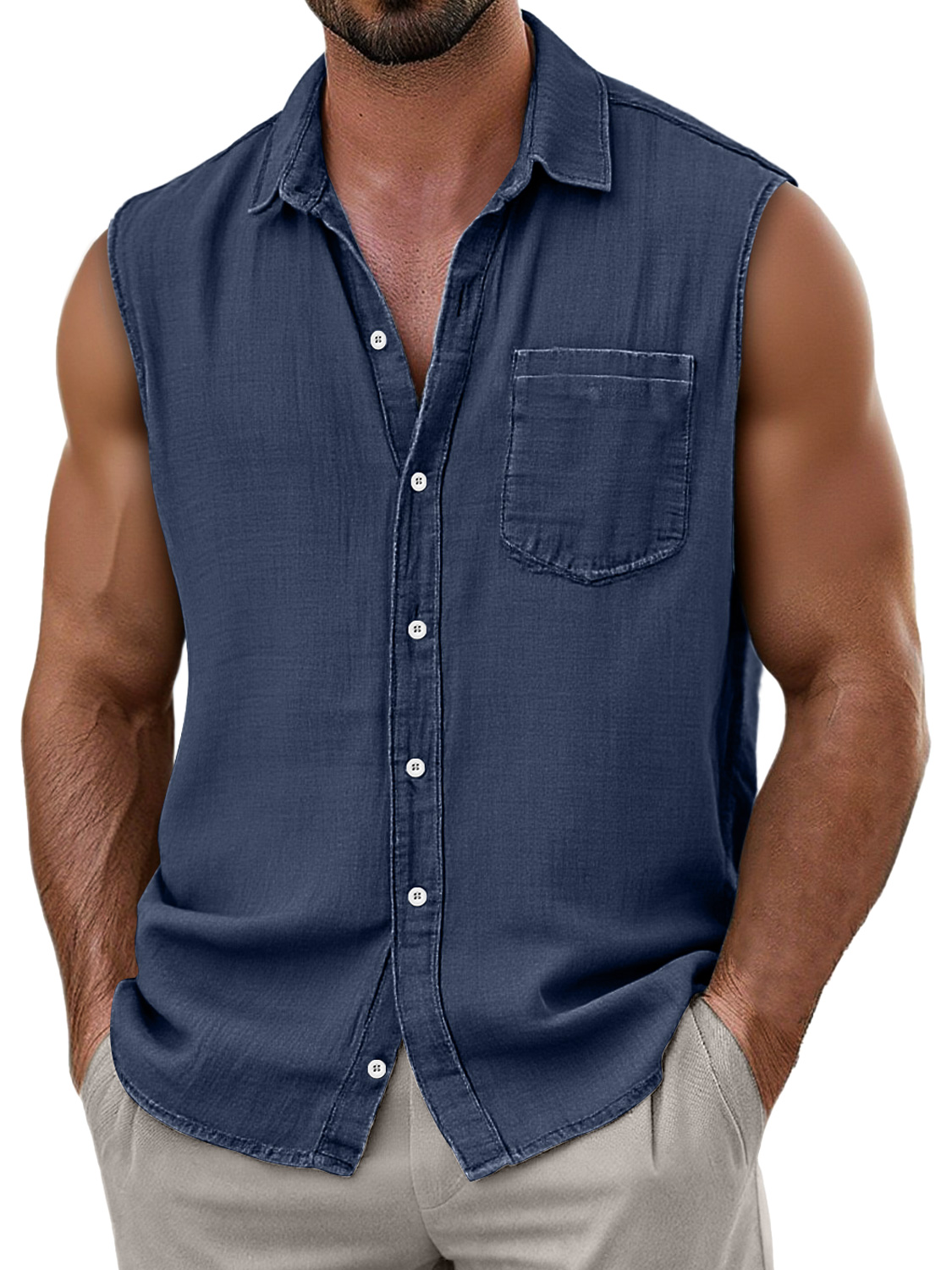 Men's Daily Faux Linen Casual Pocket Comfort Sleeveless Shirt