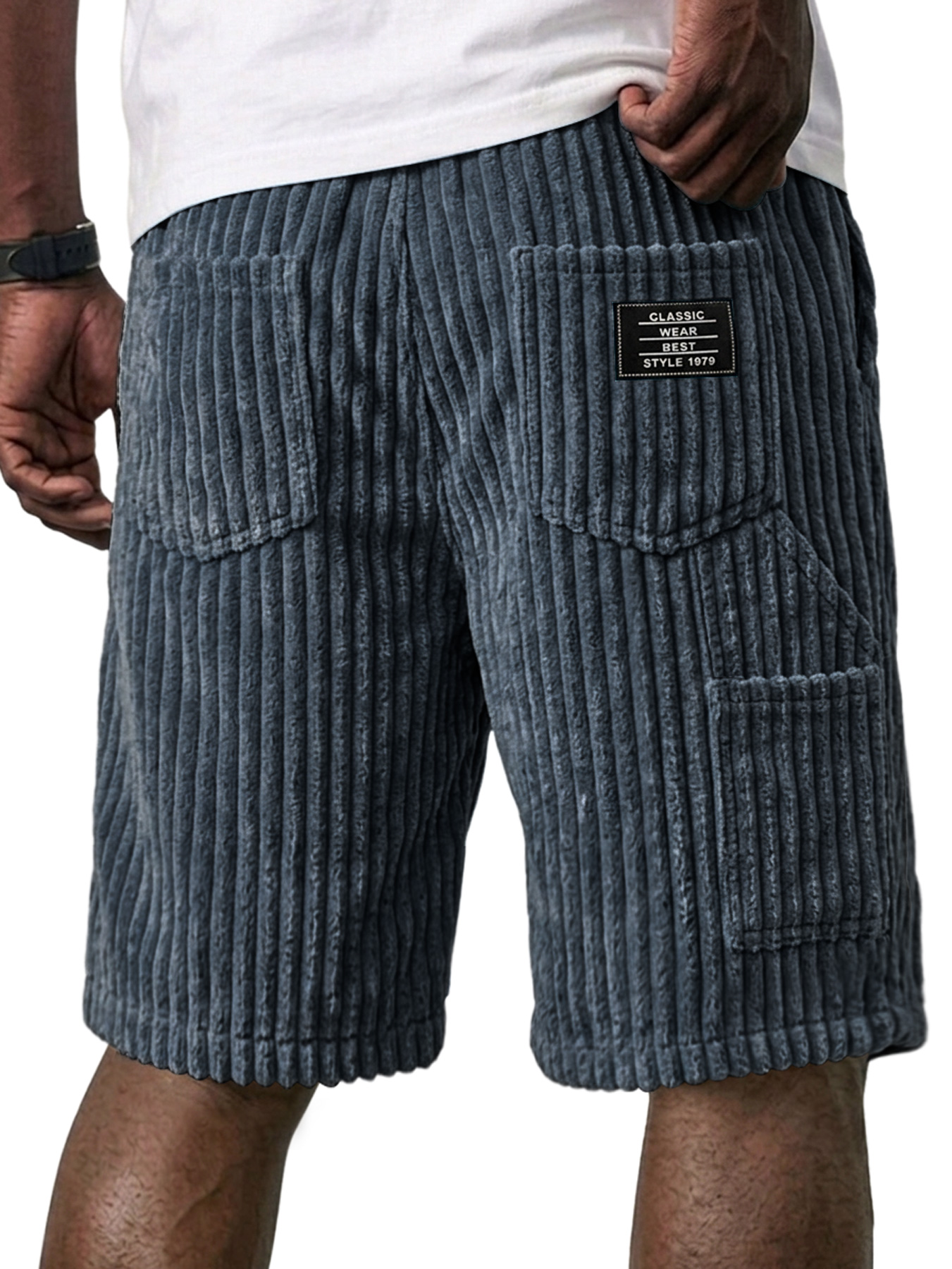Men's Retro Corduroy Multi-Pocket Embroidered Logo Casual Work Shorts
