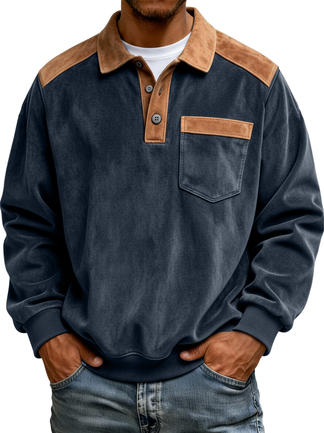 Men's Retro Color Block Suede Casual Pocket Polo Shirt