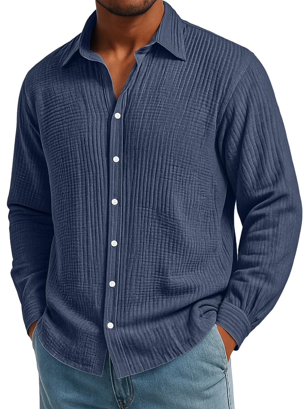 Men's Daily Pleated Texture Loose Casual Solid Color Long-sleeved Shirt