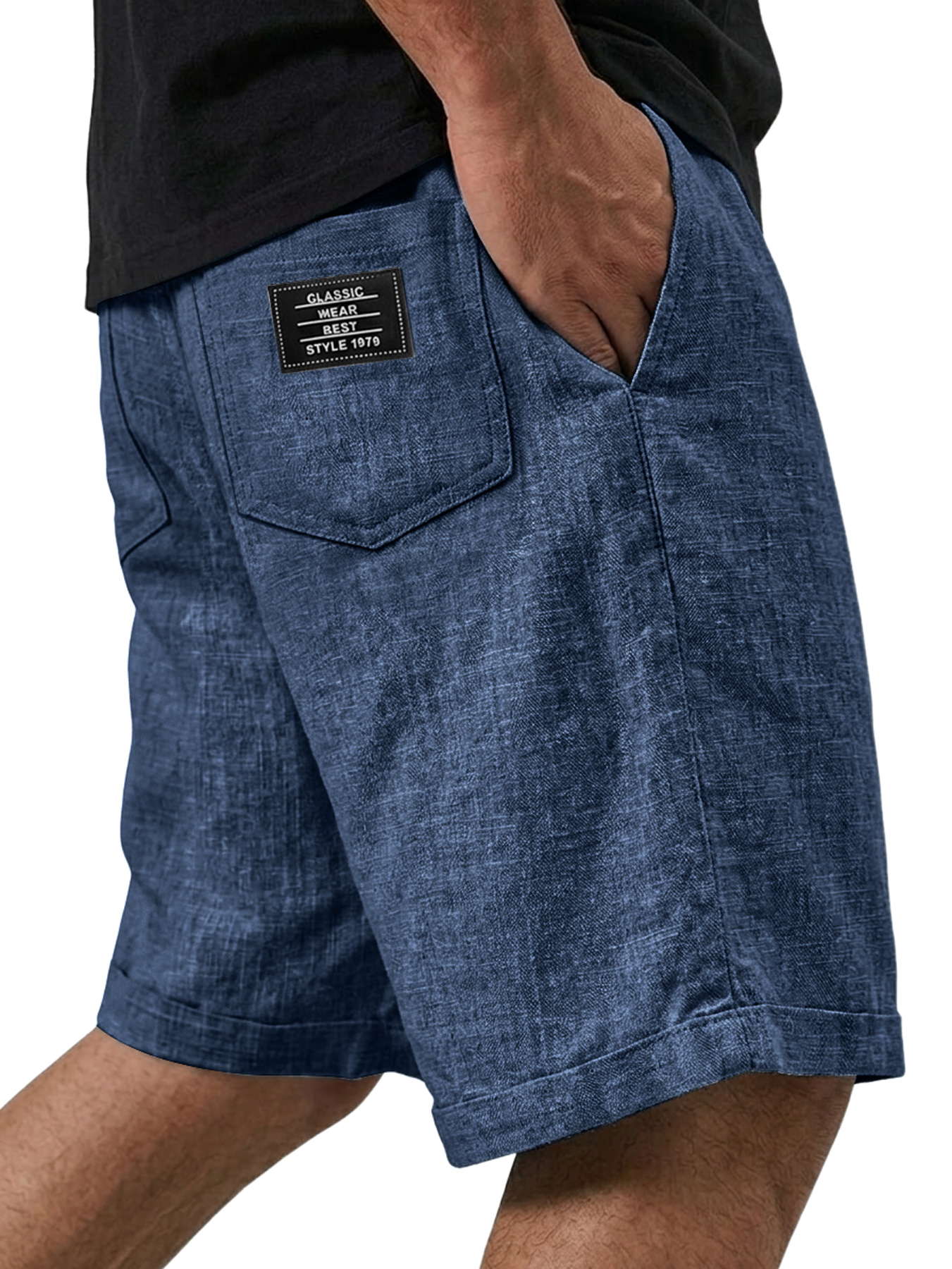 Men's Casual Solid-Color Linen Shorts with Embroidered Logo