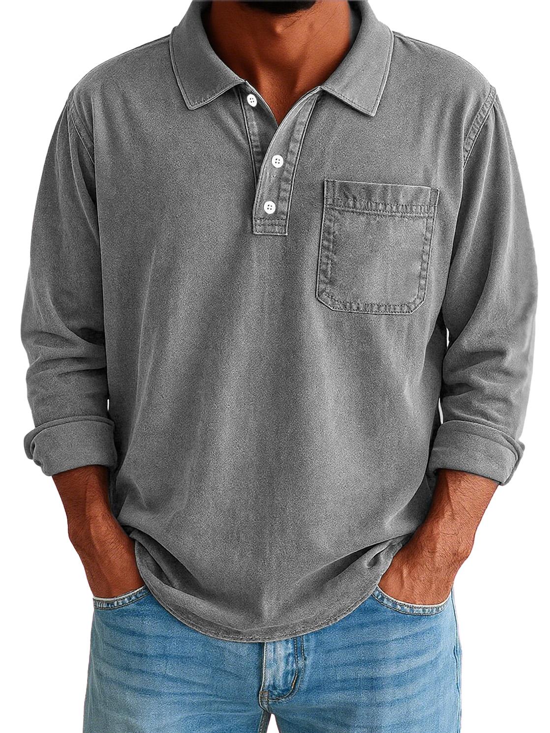 Men's Stylish Vintage Washed And Distressed Lapel Long-sleeved Polo Shirt With Pockets