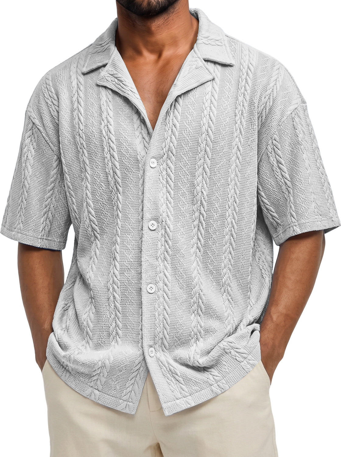 Men's Casual Solid-Color Short-Sleeve Shirt with Jacquard Texture