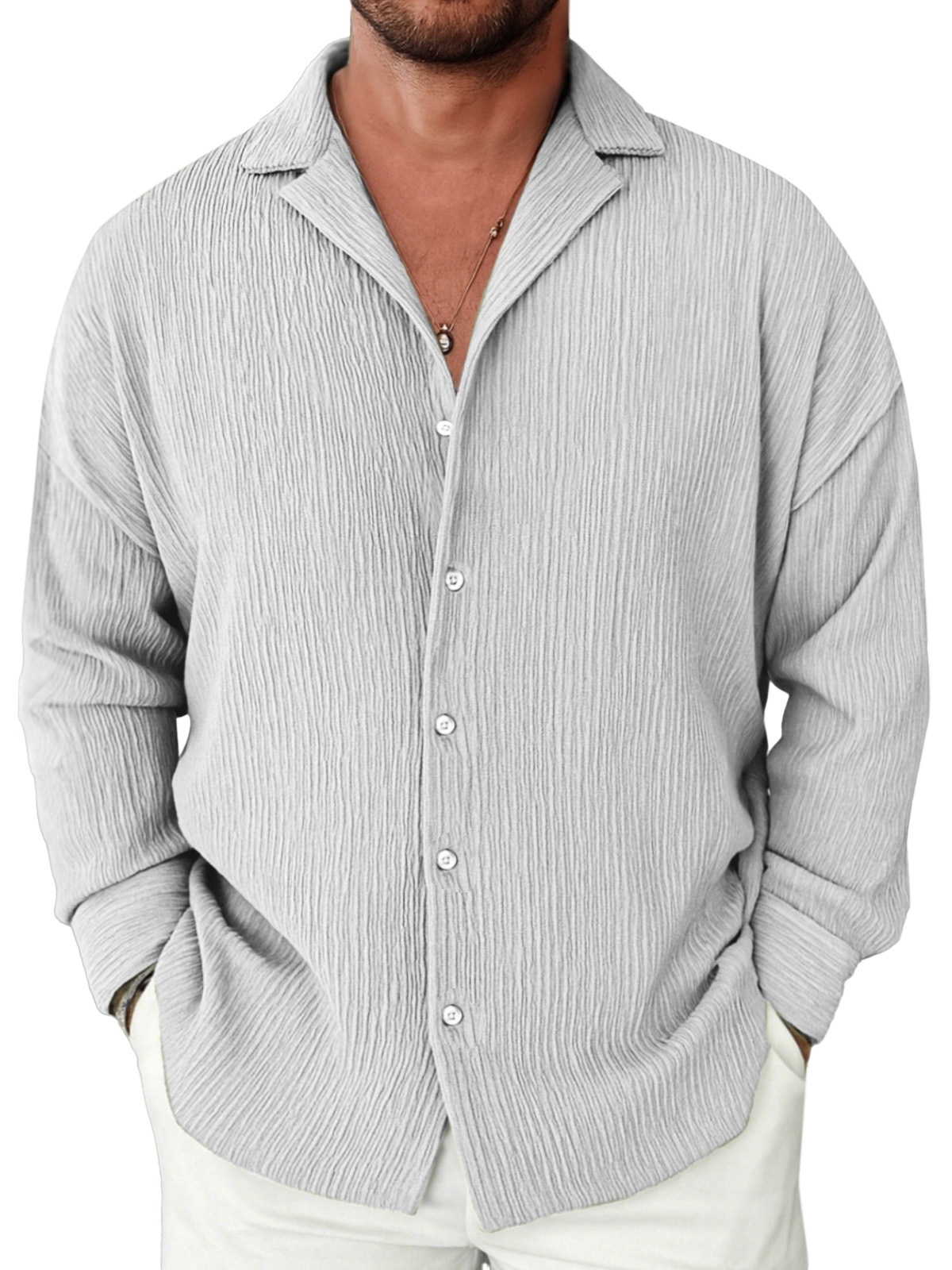 Men's Casual Solid Color Textured Loose Lapel Long-sleeved Shirt