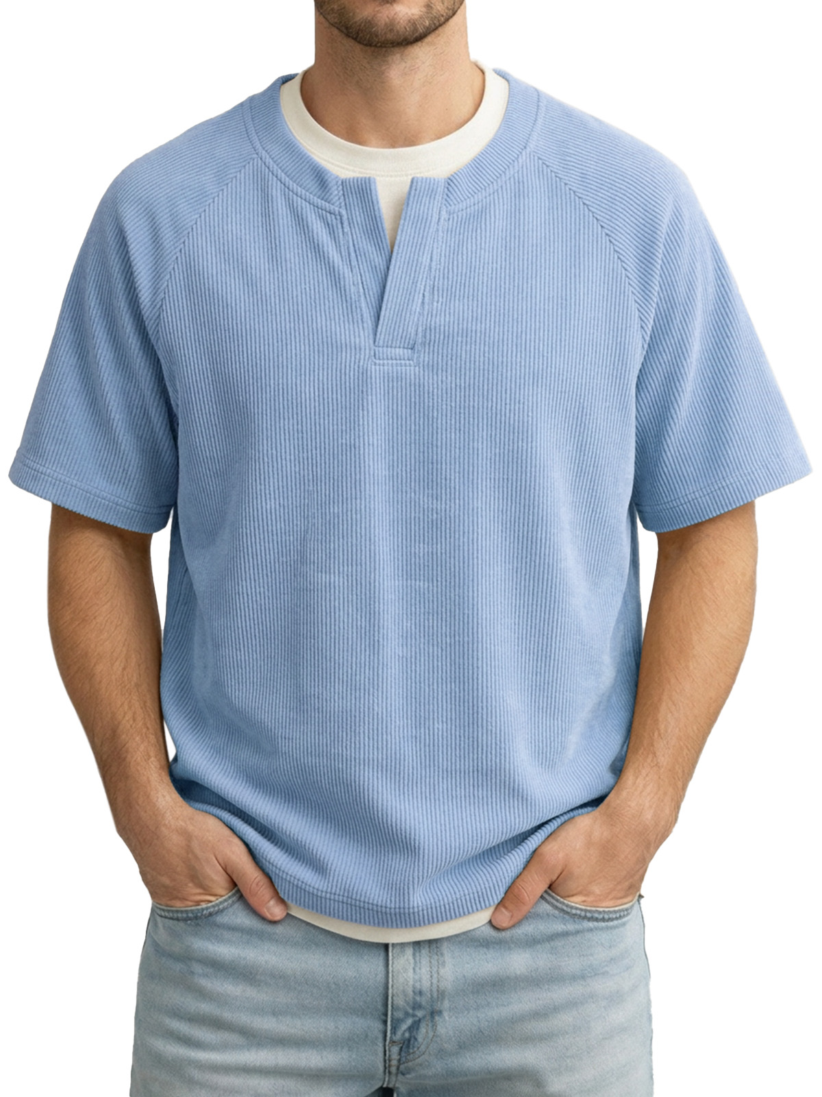 Men's Solid Color Fake Two-piece Vertical Pit V-neck Short-sleeved T-shirt