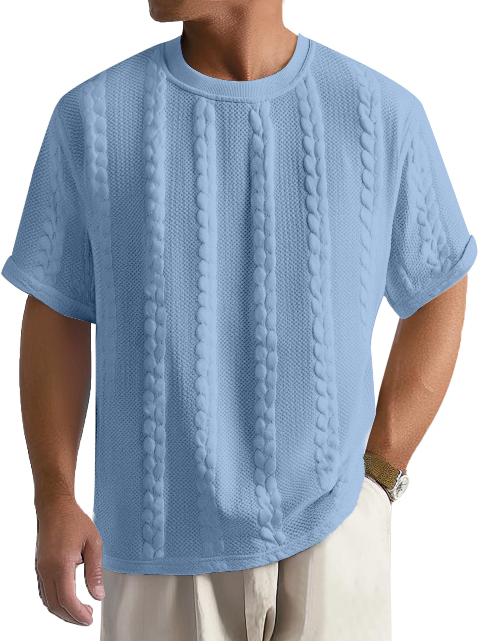 Men's Casual Solid Color Texture Loose Round Neck Short-sleeved T-shirt