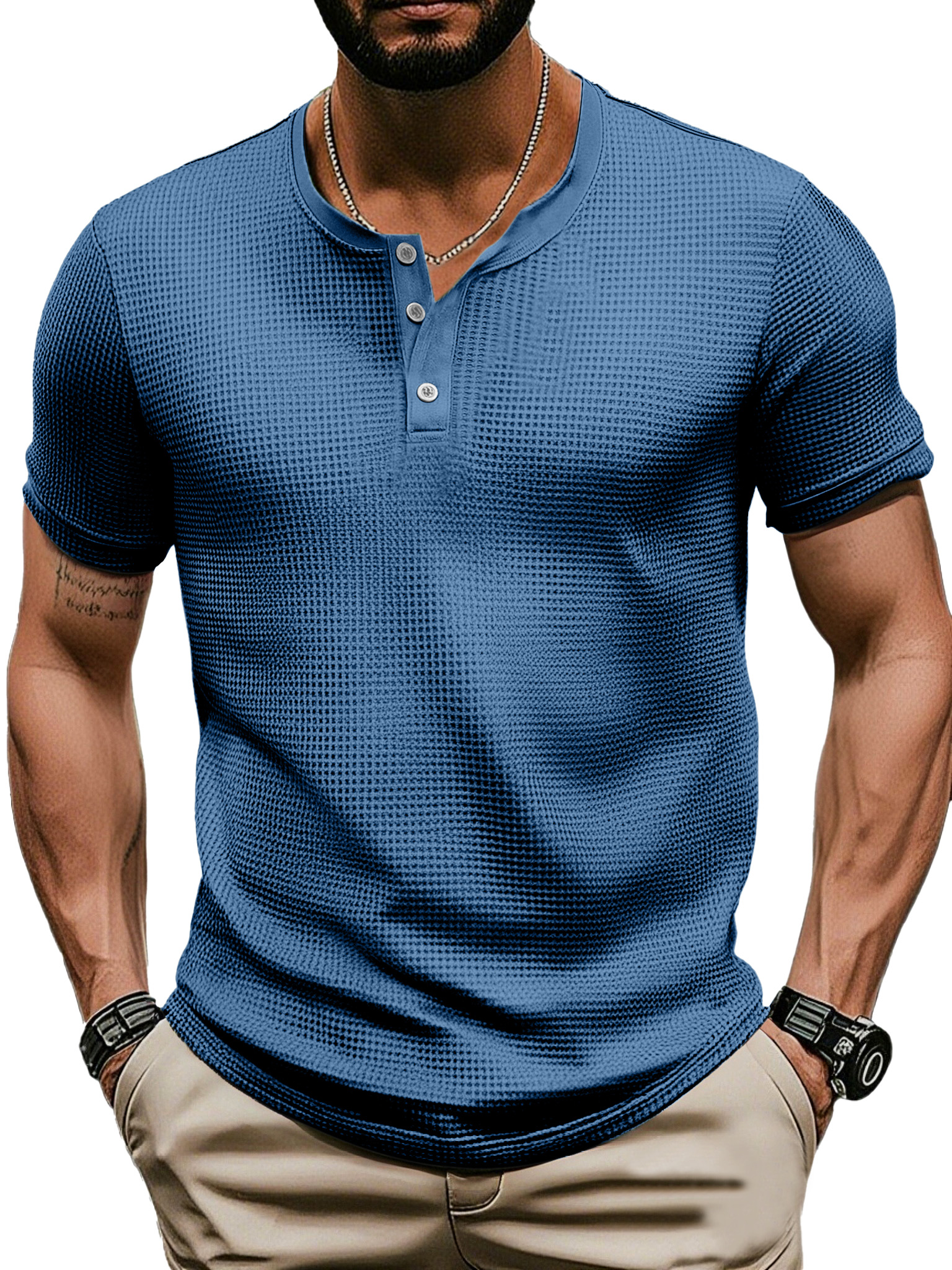 Men's Casual Solid Color Waffle Short Sleeve Three Button Henley Shirt