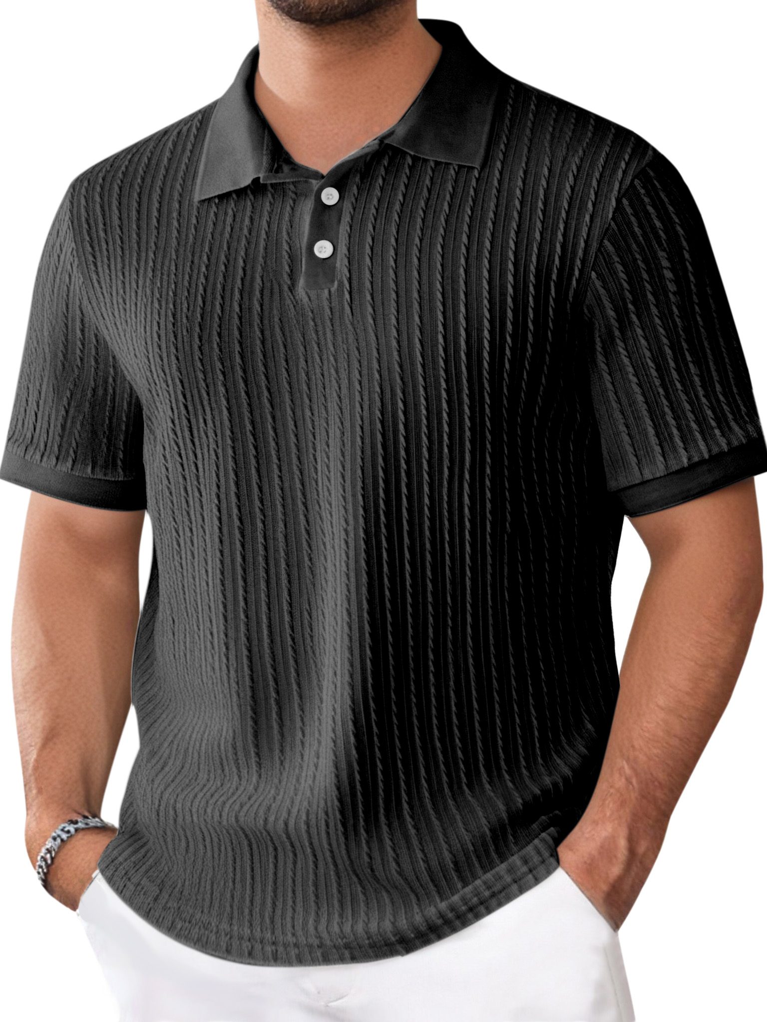 Men's Daily Solid Color Texture Short-sleeved Button-down Polo Shirt