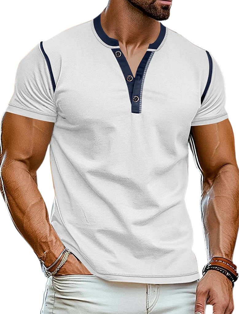 Men's Everyday Simple And Comfortable Cotton Contrast Button Short-sleeved Henley Shirt