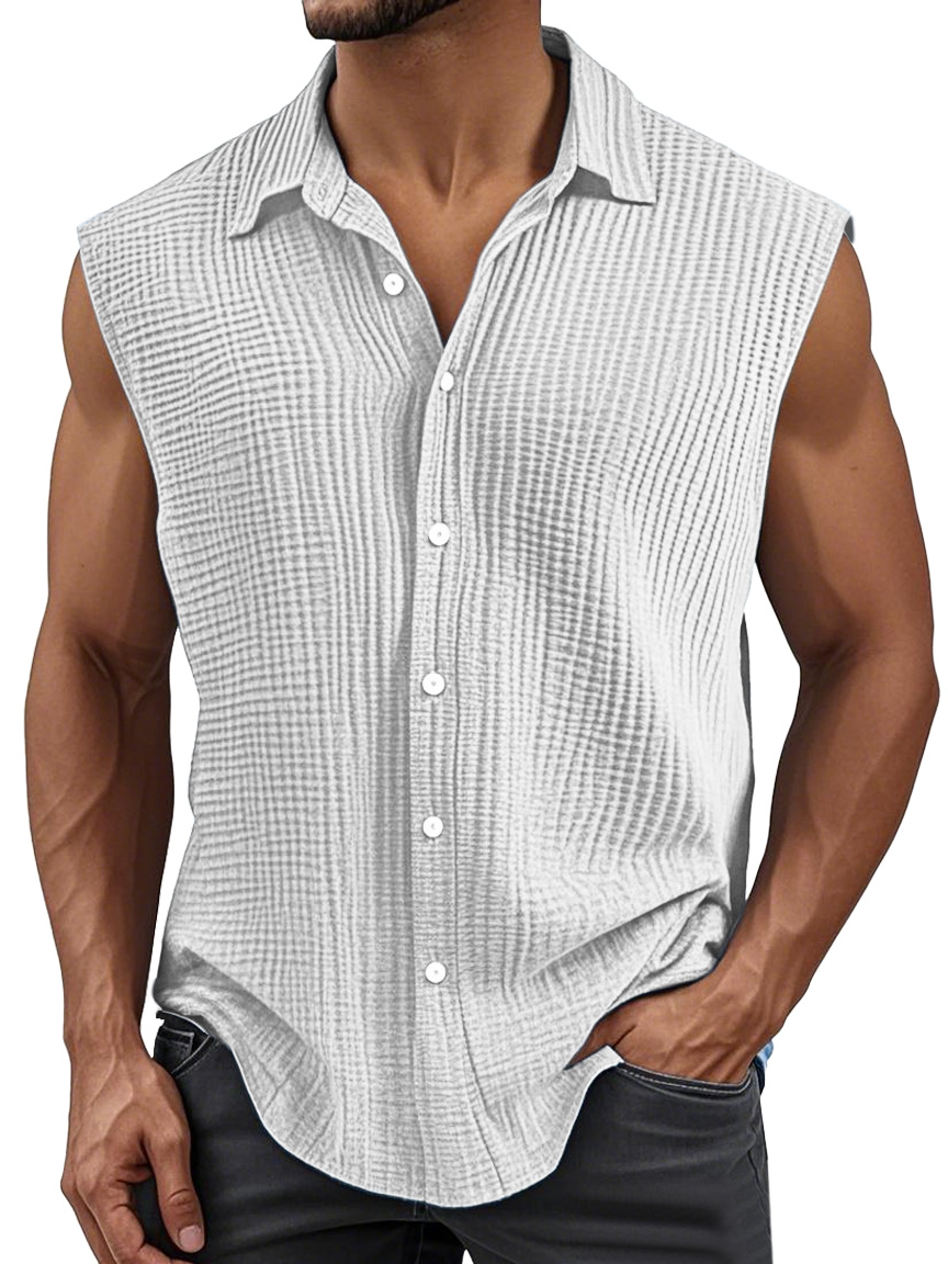 Men's Simple Solid Color Pleated Lapel Sleeveless Shirt