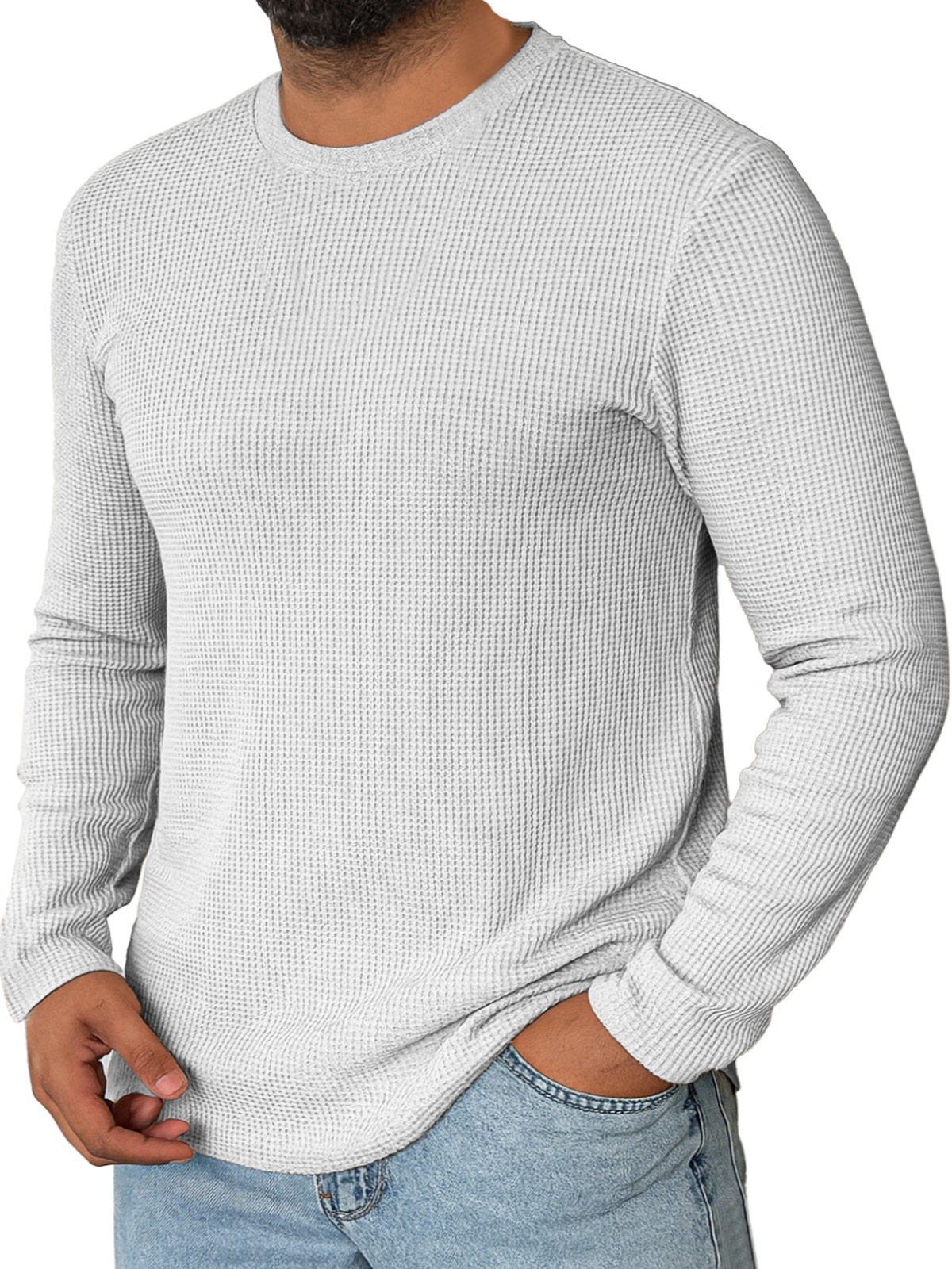 Men's Daily Simple Solid Color Waffle Round Neck Long-sleeved T-shirt